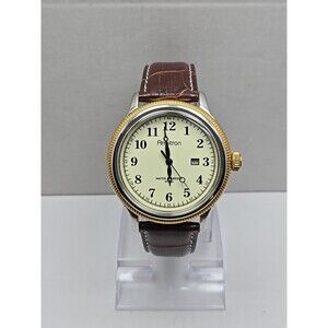 Armitron Mens Dress Watch Date Two Tone Coin Bezel Brown Leather New Battery